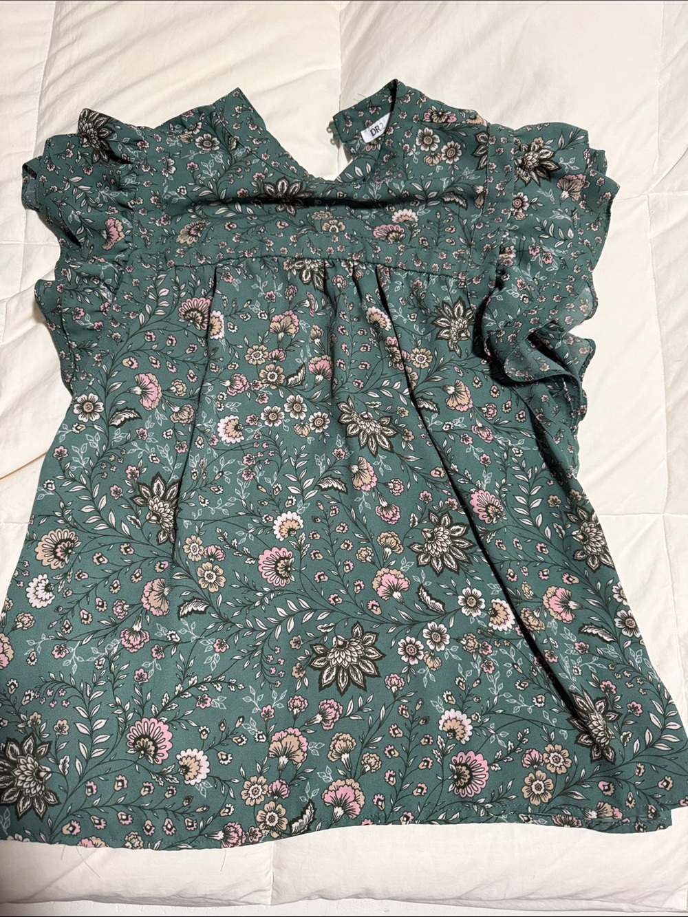 DR2 Teal Floral Ruffle-Yoke Blouse